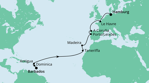 Routenverlauf für Von Barbados nach Hamburg mit AIDAperla am 07.04.22 Routenverlauf für Von Barbados nach Hamburg mit AIDAperla am 07.04.22