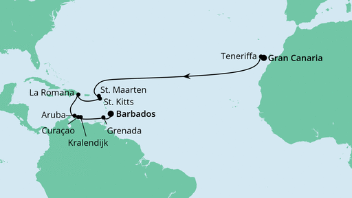 Routenverlauf für Von Gran Canaria nach Barbados mit AIDAperla am 29.10.23 Routenverlauf für Von Gran Canaria nach Barbados mit AIDAperla am 29.10.23