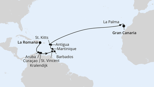 Routenverlauf für Von der Dominikanischen Republik nach Gran Canaria mit AIDAperla am 04.03.27
