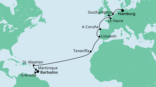 Routenverlauf für Von Hamburg nach Barbados 1 mit AIDAperla am 17.10.20 Routenverlauf für Von Hamburg nach Barbados 1 mit AIDAperla am 17.10.20