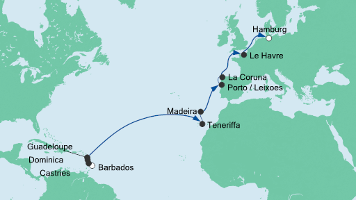 Routenverlauf für Von Barbados nach Hamburg 2 mit AIDAperla am 08.04.21