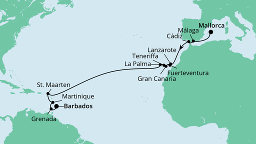 Routenverlauf für Von Mallorca nach Barbados mit AIDAperla am 30.10.21