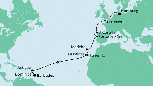 Routenverlauf für Von Barbados nach Hamburg mit AIDAperla am 06.04.23 Routenverlauf für Von Barbados nach Hamburg mit AIDAperla am 06.04.23