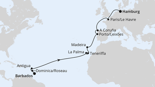Routenverlauf für Von Barbados nach Hamburg mit AIDAperla am 04.04.24 Routenverlauf für Von Barbados nach Hamburg mit AIDAperla am 04.04.24