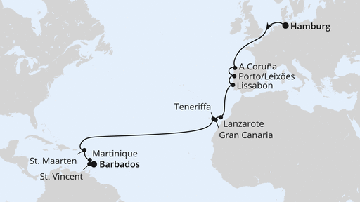 Routenverlauf für Von Hamburg nach Barbados mit AIDAperla am 25.10.25