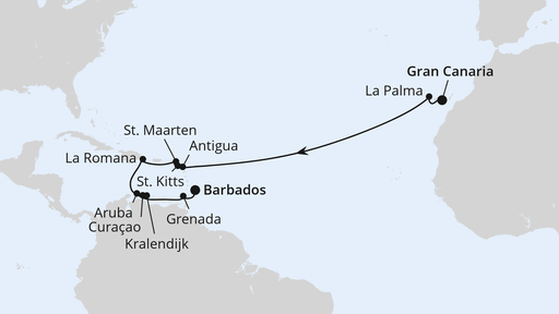 Routenverlauf für Von Gran Canaria nach Barbados mit AIDAperla am 14.11.26