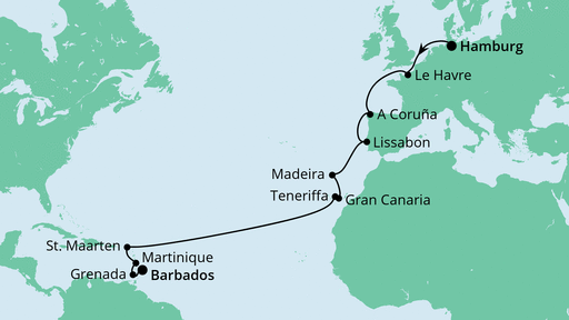 Routenverlauf für Von Hamburg nach Barbados mit AIDAperla am 15.10.21 Routenverlauf für Von Hamburg nach Barbados mit AIDAperla am 15.10.21
