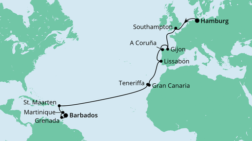 Routenverlauf für Von Hamburg nach Barbados mit AIDAperla am 14.10.22