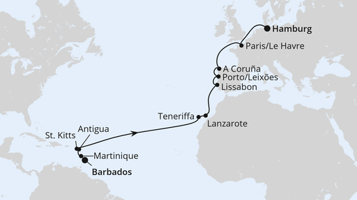 Routenverlauf für Von Barbados nach Hamburg mit AIDAperla am 20.03.25