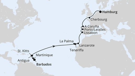 Routenverlauf für Von Barbados nach Hamburg mit AIDAperla am 05.03.26 Routenverlauf für Von Barbados nach Hamburg mit AIDAperla am 05.03.26