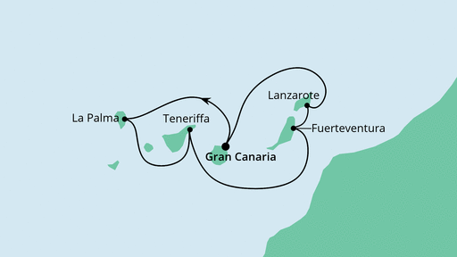 Routenverlauf für Große Kanarenreise ab Gran Canaria mit AIDAperla am 15.05.21