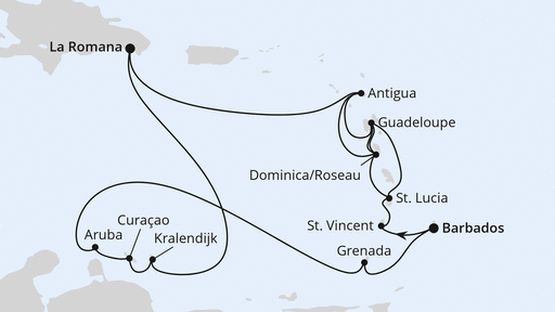 Routenverlauf für Karibische-Insel-Rundreise ab Barbados mit AIDAperla am 03.12.26 Routenverlauf für Karibische-Insel-Rundreise ab Barbados mit AIDAperla am 03.12.26