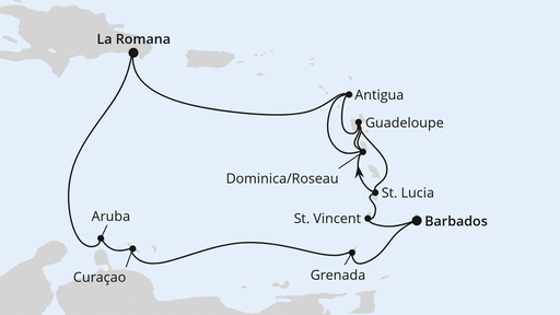 Routenverlauf für Karibische-Insel-Rundreise ab Barbados mit AIDAperla am 31.12.26 Routenverlauf für Karibische-Insel-Rundreise ab Barbados mit AIDAperla am 31.12.26