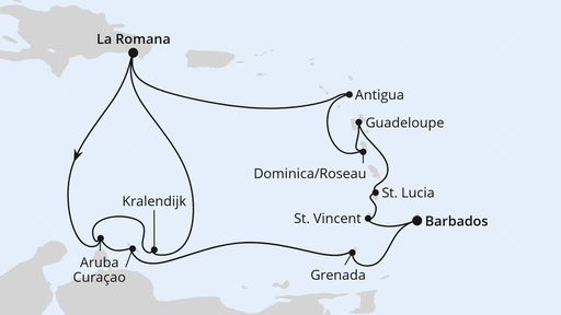 Routenverlauf für Karibische-Insel-Rundreise mit AIDAperla am 07.01.27