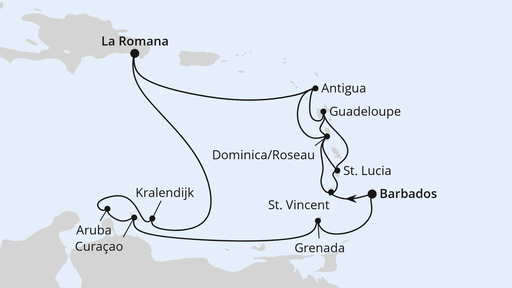 Routenverlauf für Karibische-Insel-Rundreise ab Barbados mit AIDAperla am 14.01.27