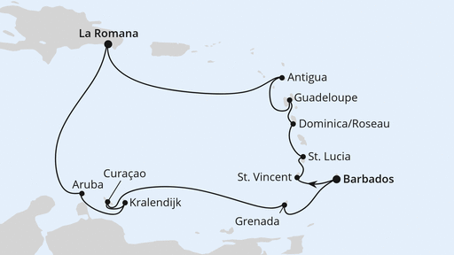 Routenverlauf für Karibische-Insel-Rundreise ab Barbados mit AIDAperla am 11.02.27 Routenverlauf für Karibische-Insel-Rundreise ab Barbados mit AIDAperla am 11.02.27