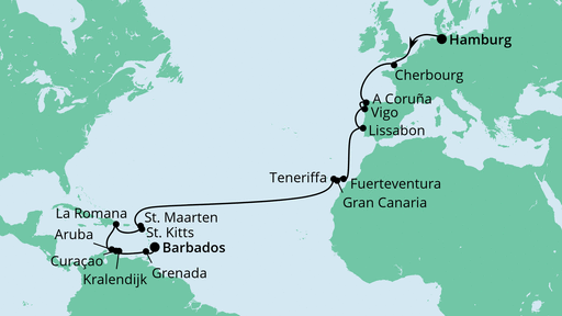 Routenverlauf für Von Hamburg nach Barbados mit AIDAperla am 20.10.23 Routenverlauf für Von Hamburg nach Barbados mit AIDAperla am 20.10.23