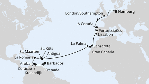 Routenverlauf für Von Hamburg nach Barbados mit AIDAperla am 05.11.26 Routenverlauf für Von Hamburg nach Barbados mit AIDAperla am 05.11.26