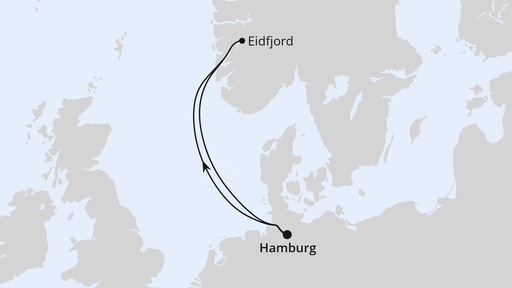 Routenverlauf für Kurzreise nach Eidfjord ab Hamburg mit AIDAprima am 08.06.26