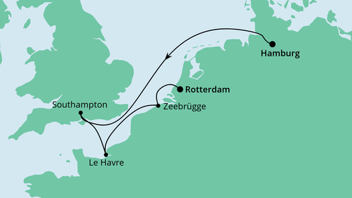 Routenverlauf für Von Hamburg nach Rotterdam mit AIDAprima am 26.02.22