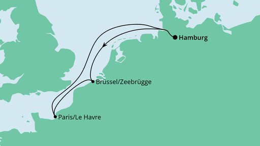 Routenverlauf für Belgien & Frankreich ab Hamburg mit AIDAprima am 17.12.22