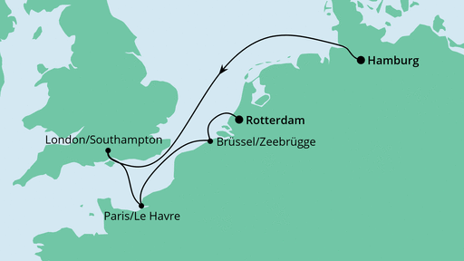 Routenverlauf für Metropolen von Hamburg nach Rotterdam mit AIDAprima am 25.02.23 Routenverlauf für Metropolen von Hamburg nach Rotterdam mit AIDAprima am 25.02.23