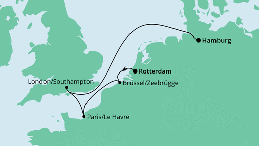 Routenverlauf für Kurzreise Metropolen ab Rotterdam mit AIDAprima am 29.04.24