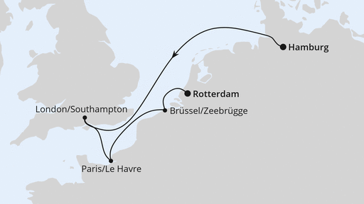 Routenverlauf für Kurzreise Metropolen ab Hamburg mit AIDAprima am 21.05.24 Routenverlauf für Kurzreise Metropolen ab Hamburg mit AIDAprima am 21.05.24