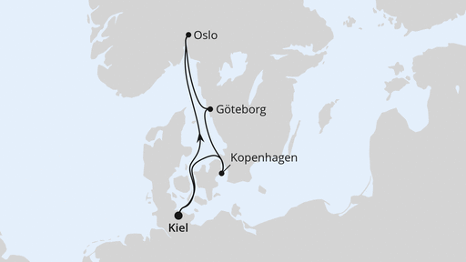 Routenverlauf für Kurzreise skandinavische Städte ab Kiel mit AIDAprima am 04.01.26 Routenverlauf für Kurzreise skandinavische Städte ab Kiel mit AIDAprima am 04.01.26