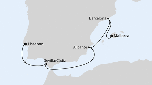 Routenverlauf für Von Lissabon nach Mallorca mit AIDAprima am 03.11.24 Routenverlauf für Von Lissabon nach Mallorca mit AIDAprima am 03.11.24