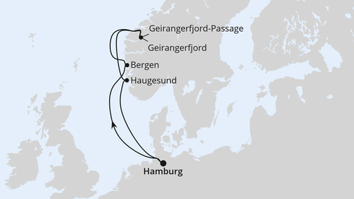 Routenverlauf für Norwegen mit Geiranger ab Hamburg mit AIDAprima am 25.09.26 Routenverlauf für Norwegen mit Geiranger ab Hamburg mit AIDAprima am 25.09.26