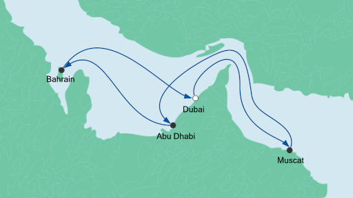 Routenverlauf für Orient ab Dubai mit AIDAprima am 27.03.20 Routenverlauf für Orient ab Dubai mit AIDAprima am 27.03.20