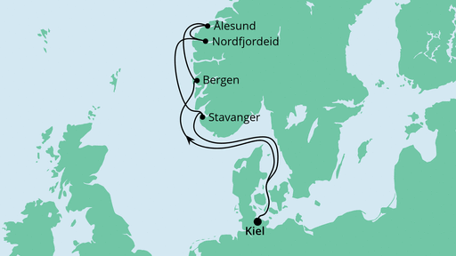 Routenverlauf für Norwegens Küste ab Kiel mit AIDAprima am 13.06.20 Routenverlauf für Norwegens Küste ab Kiel mit AIDAprima am 13.06.20