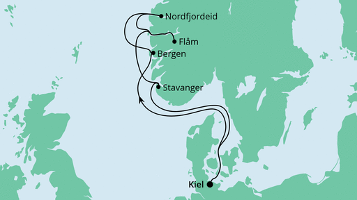 Routenverlauf für Norwegens Küste ab Kiel mit AIDAprima am 11.07.20