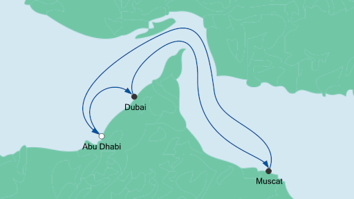 Routenverlauf für Orient ab Abu Dhabi mit AIDAprima am 08.12.20 Routenverlauf für Orient ab Abu Dhabi mit AIDAprima am 08.12.20