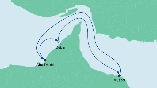 Routenverlauf für Orient ab Dubai mit AIDAprima am 11.12.20 Routenverlauf für Orient ab Dubai mit AIDAprima am 11.12.20