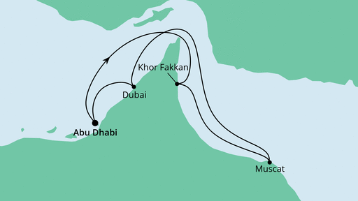 Routenverlauf für Orient ab Abu Dhabi mit AIDAprima am 23.03.21 Routenverlauf für Orient ab Abu Dhabi mit AIDAprima am 23.03.21