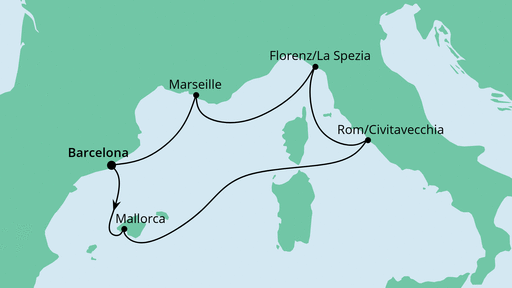 Routenverlauf für Perlen am Mittelmeer ab Barcelona mit AIDAprima am 31.12.21 Routenverlauf für Perlen am Mittelmeer ab Barcelona mit AIDAprima am 31.12.21