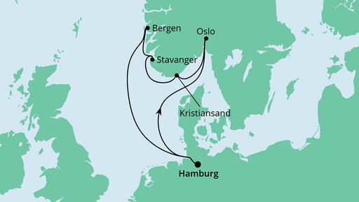 Routenverlauf für Norwegen ab Hamburg mit AIDAprima am 25.03.22