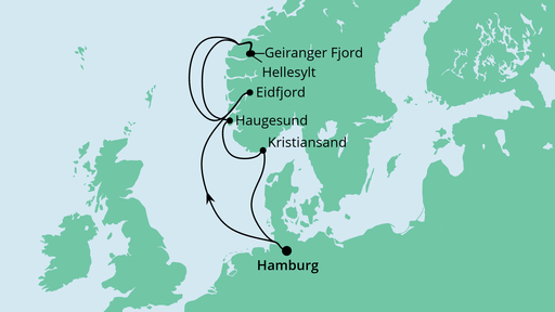 Routenverlauf für Norwegen ab Hamburg mit AIDAprima am 23.07.22 Routenverlauf für Norwegen ab Hamburg mit AIDAprima am 23.07.22