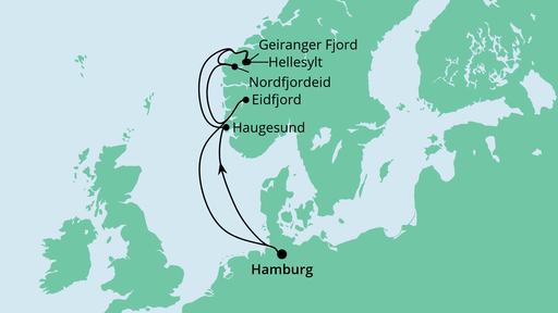 Routenverlauf für Norwegen ab Hamburg mit AIDAprima am 17.09.22 Routenverlauf für Norwegen ab Hamburg mit AIDAprima am 17.09.22