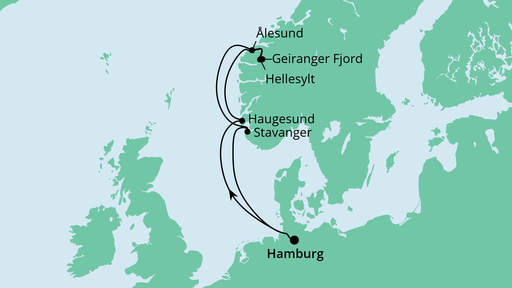 Routenverlauf für Norwegen ab Hamburg mit AIDAprima am 15.10.22