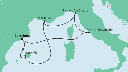 Routenverlauf für Perlen am Mittelmeer ab Barcelona mit AIDAprima am 30.12.22 Routenverlauf für Perlen am Mittelmeer ab Barcelona mit AIDAprima am 30.12.22