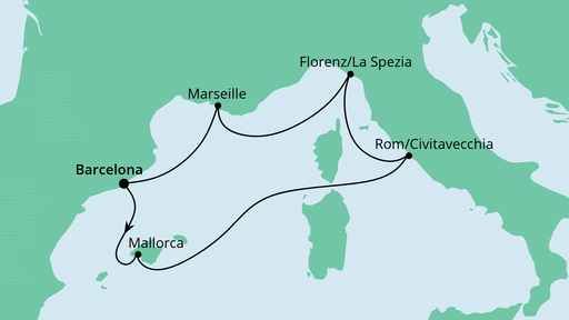 Routenverlauf für Perlen am Mittelmeer ab Barcelona mit AIDAprima am 06.01.23 Routenverlauf für Perlen am Mittelmeer ab Barcelona mit AIDAprima am 06.01.23