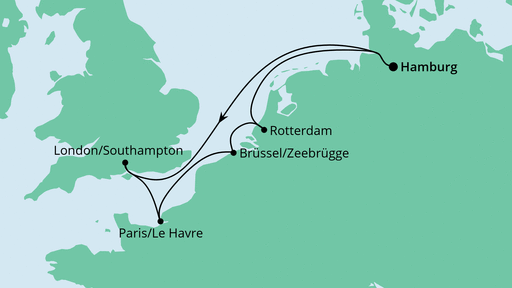 Routenverlauf für Metropolen ab Hamburg mit AIDAprima am 18.02.23 Routenverlauf für Metropolen ab Hamburg mit AIDAprima am 18.02.23