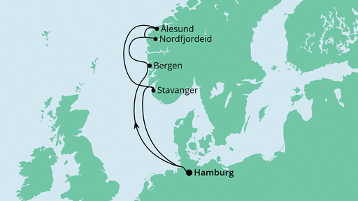 Routenverlauf für Norwegen ab Hamburg mit AIDAprima am 12.08.23 Routenverlauf für Norwegen ab Hamburg mit AIDAprima am 12.08.23
