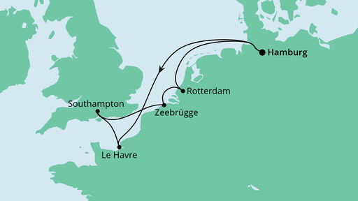 Routenverlauf für Metropolen ab Hamburg mit AIDAprima am 16.09.23 Routenverlauf für Metropolen ab Hamburg mit AIDAprima am 16.09.23