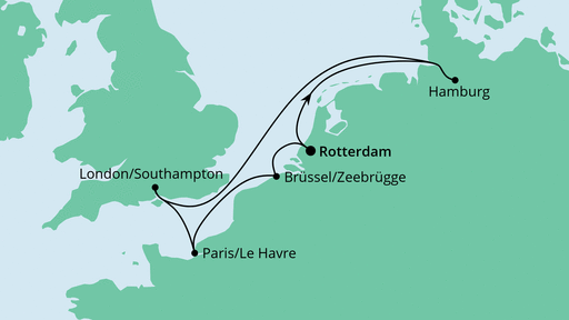 Routenverlauf für Metropolen ab Rotterdam mit AIDAprima am 02.11.23 Routenverlauf für Metropolen ab Rotterdam mit AIDAprima am 02.11.23
