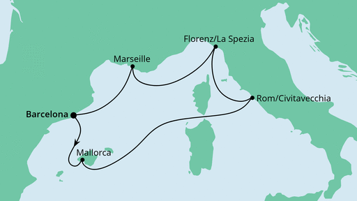 Routenverlauf für Perlen am Mittelmeer ab Barcelona mit AIDAprima am 01.12.23 Routenverlauf für Perlen am Mittelmeer ab Barcelona mit AIDAprima am 01.12.23