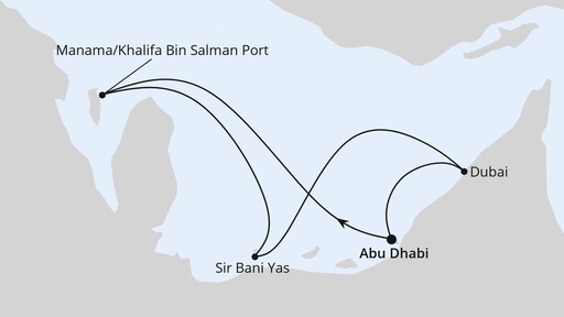 Routenverlauf für Orient ab Abu Dhabi mit AIDAprima am 11.02.24 Routenverlauf für Orient ab Abu Dhabi mit AIDAprima am 11.02.24